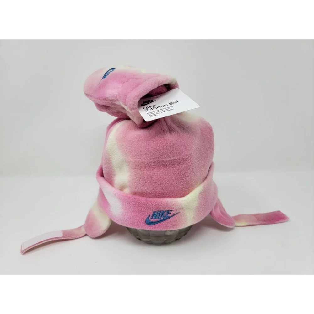 NWT Nike Fleece Trapper Style Hat Mittens Set Baby  12-24mth Pink Tie Dye Swoosh